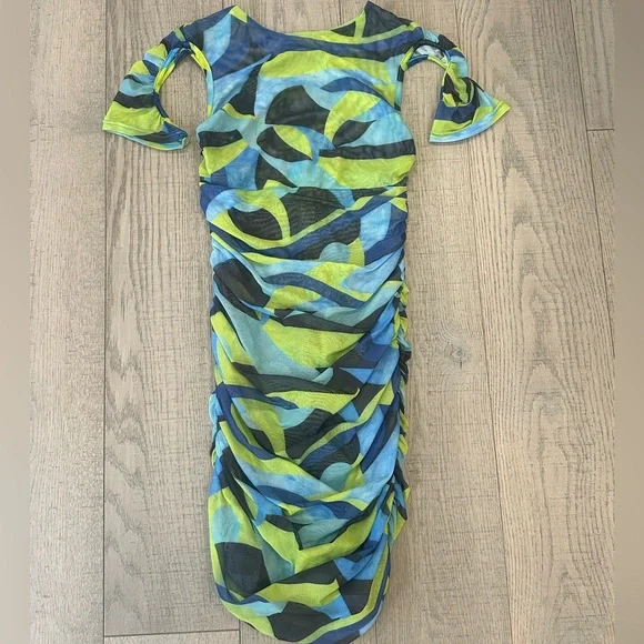 Rachel Monica - Abstract Print Ruched Cold-Shoulder Dress - Picture 2 of 2